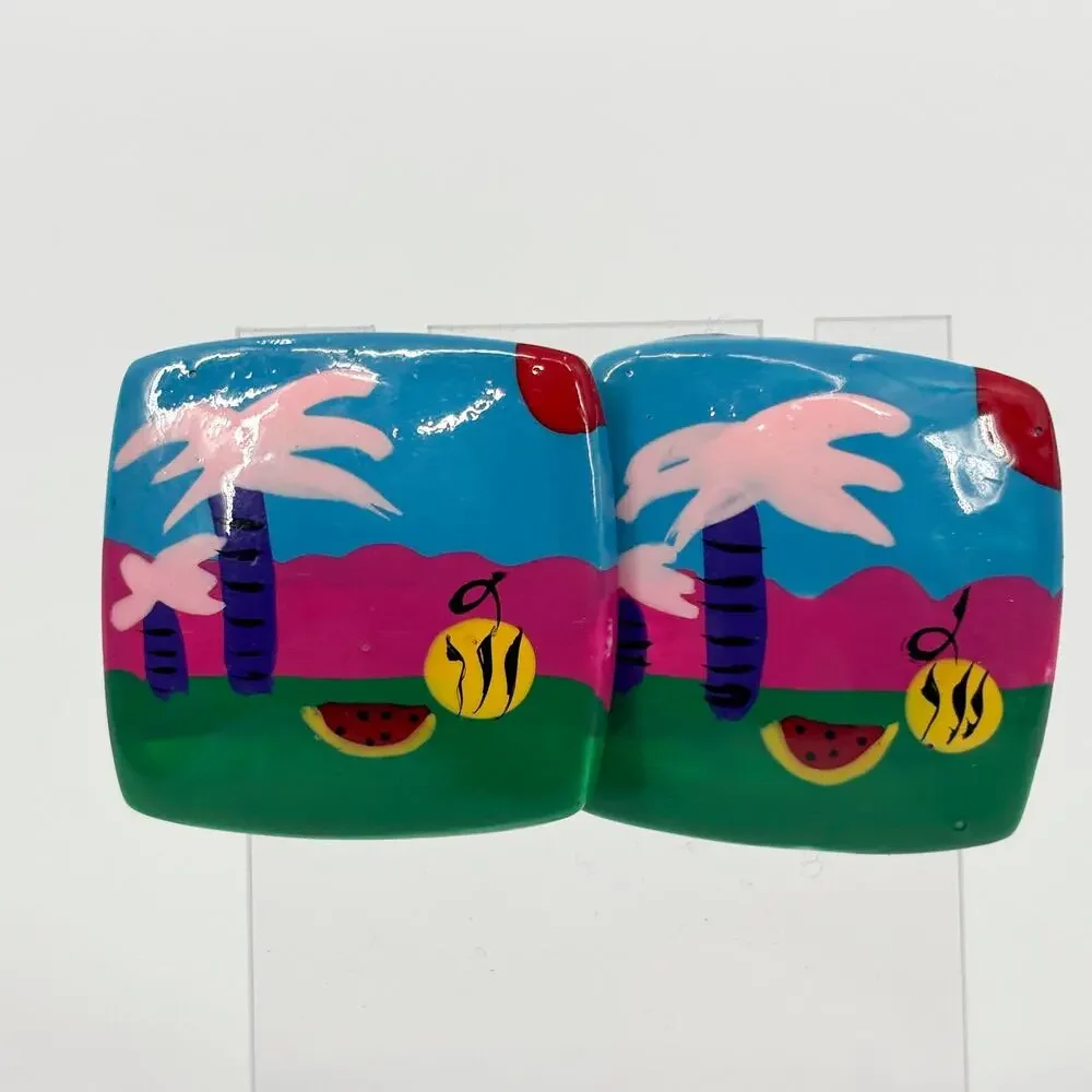 Hand-Painted Square Earrings – Tropical Scene, Pink Palm Trees, Folk Art Style